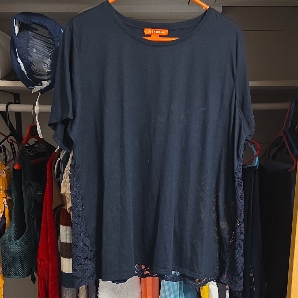 Navy Short Sleeve Top with Lace Accents